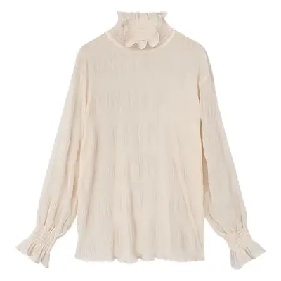 Women Ruffled Chiffon Turtleneck Top White Grey Vest