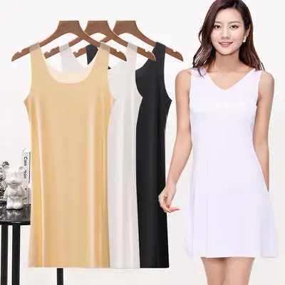 Summer Ice Silk Seamless Vest Dress Women's Mid-length Ultra-thin Large Size Fat Girl Loose Sling Nightgown Base Inner Petticoat