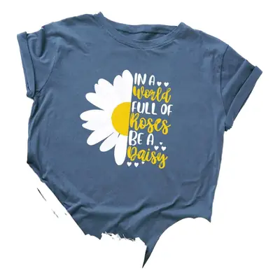 Women's Blue Daisy Print T-Shirt Short Sleeve Loose Fit