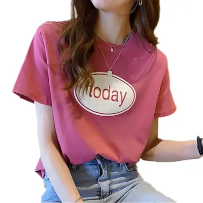 Women Pink T-Shirt with "Moday" Print 2025 Korean Style
