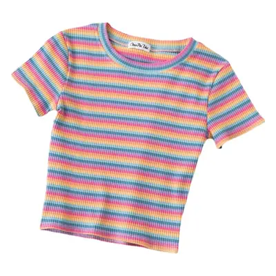 Women Rainbow Striped Navel-Tight T-Shirt Short Sleeve