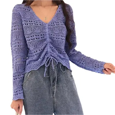 Korean Style Long Sleeve Mesh Blouse Women Pink Drawstring Cut