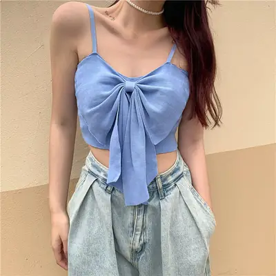 White Bowknot Knitted Sling Top for Women