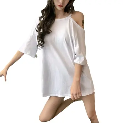 Black Off-Shoulder Women's T-Shirt Mid-Length Summer Dress