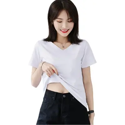 Women V-Neck Pure Cotton T-Shirt Blue