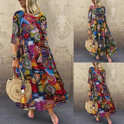 Long Printed Pleated Dress for Women with Retro Design