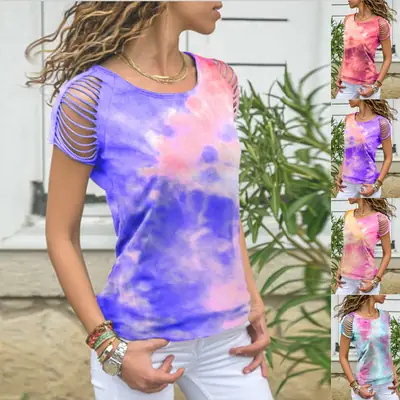 2021 Summer Tie-dyed Hole Burned T-shirt Women