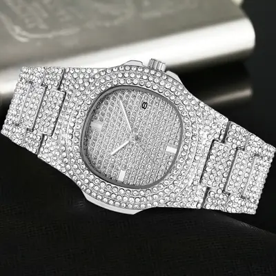 hiphop Super Cool Hip Hop Diamond Watch Rap Men's Quartz Strap Calendar Gypsophila Steel Strap Full Diamond Watch Wholesale