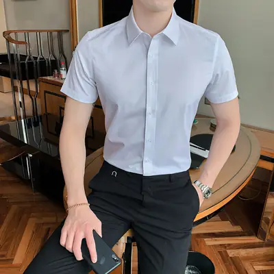 Men Red Short Sleeve Shirt Business Lining Summer Wear
