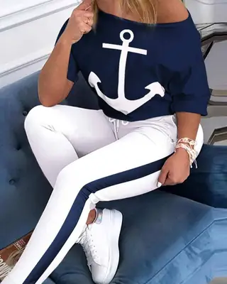 Women Navy Anchor Sleeve Crew Neck Sports Suit