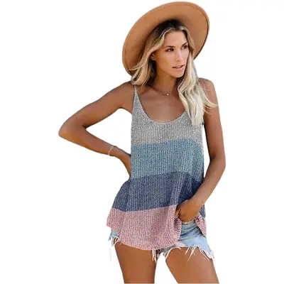 Women Knitted Vest with Spaghetti Strap & Contrasting Colors