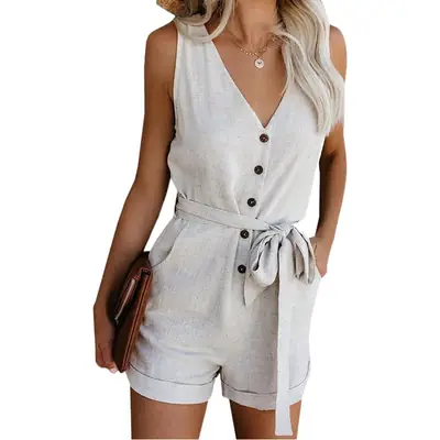 Women Green V-Neck Bow Shorts Jumpsuit 2025