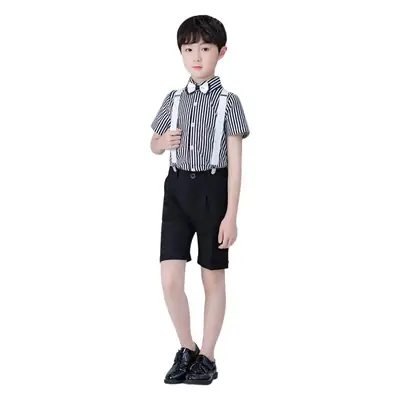 White 4-Piece Kids Suit Striped Shirt Shorts Back Belt