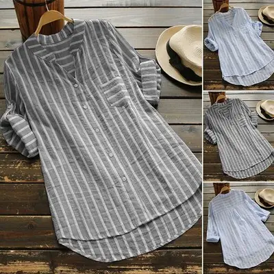 V-Neck Striped Women's Shirt with 7-Point Sleeves
