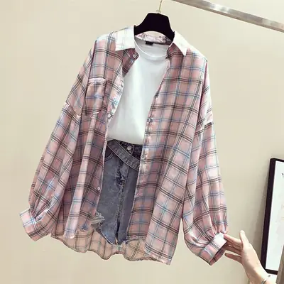 Women Plaid Shirt Spring Summer 2021 Loose Fit Korean Style