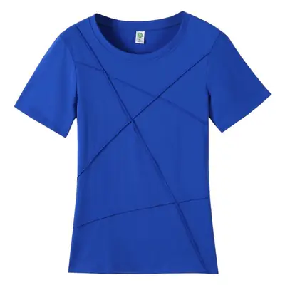 Women Cotton T-Shirt Blue Loose Round Neck Summer