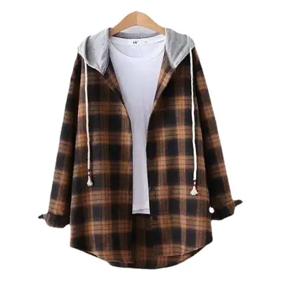 2025 Women Plaid Hooded Long Sleeve Shirt Set