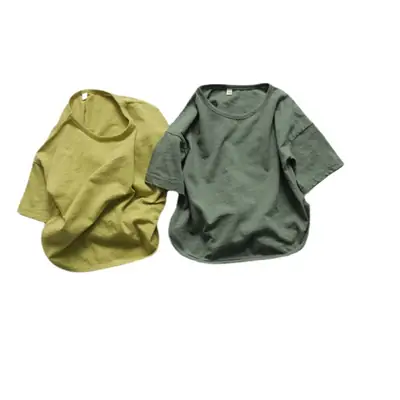 2026 Spring Girls Base Layer T-Shirt Brown Round Neck Loose Fit Cotton