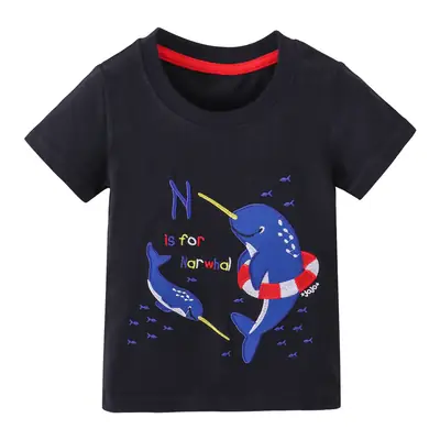 Kids Dolphin Embroidered T-Shirt Black Short Sleeve