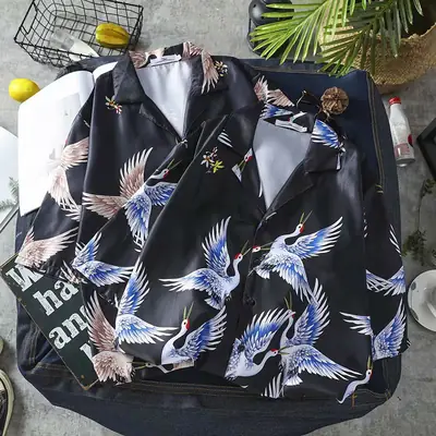 Unisex Crane Print Summer Shirt Black 2022