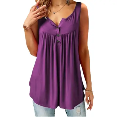 Black Pleated Sleeveless Women's T-Shirt Long Button Vest