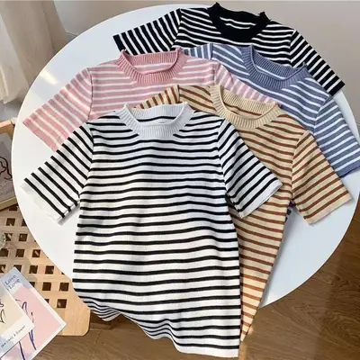 2024 Summer Striped Knitted T-Shirt Set