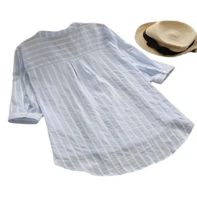 Women Striped V-Neck Shirt Spring Casual Medium