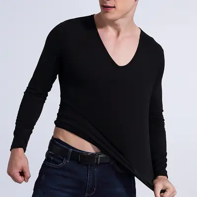 Men Black V-Neck Long Sleeve T-Shirt