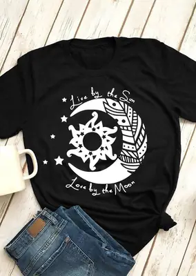 Black T-Shirt with Moon & Stars Design for Women