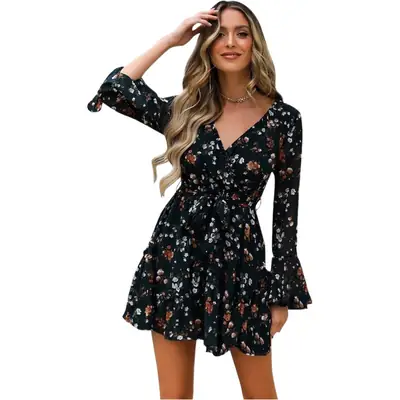 2024 Floral High Waist V Neck Dress for Women