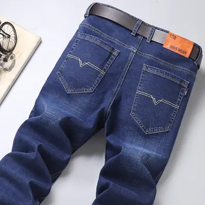 Men's Blue Straight Elastic Jeans Summer High Quality