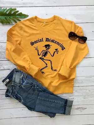 White Round Neck Social Distancing Sweatshirt with Skeleton Design