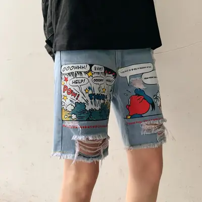 Retro Ripped Light Blue Denim Shorts for Men