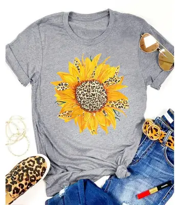 Gray Sunflower Print T-Shirt for Women