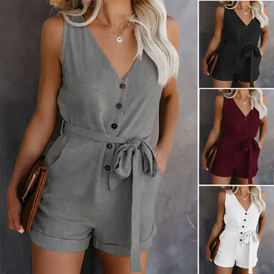 Women's V-Neck Bow Shorts Jump Suit Cream 2020