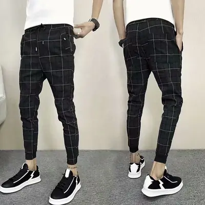 Men's Black Plaid Slim Fit Harem Pants
