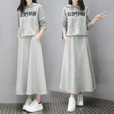 Women 2-Piece Grey Sweatshirt Skirt Set Spring Autumn