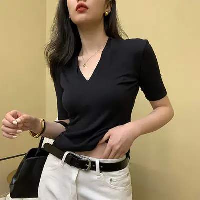 Black V-Neck Slim Fit Short Sleeve Top