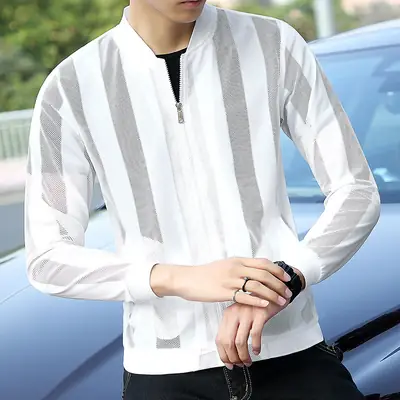 Men's White Full Zip Bomber Jacket Summer Large