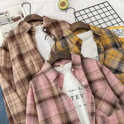 Women Plaid Long Sleeve Shirt Brown Brown