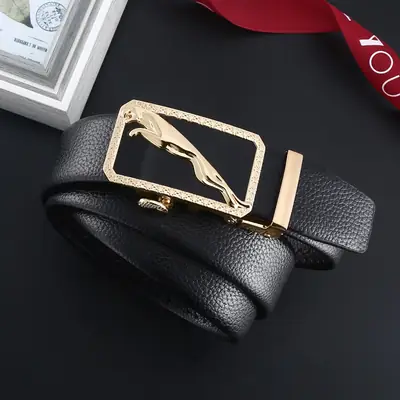 Men's Gold Leopard Belt Black Leather Business Casual