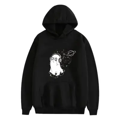 Black Hooded Sweatshirt with Cartoon Print for Men Women