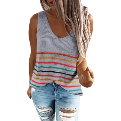 Women Multi Color Striped Knitted V-Neck T-Shirt