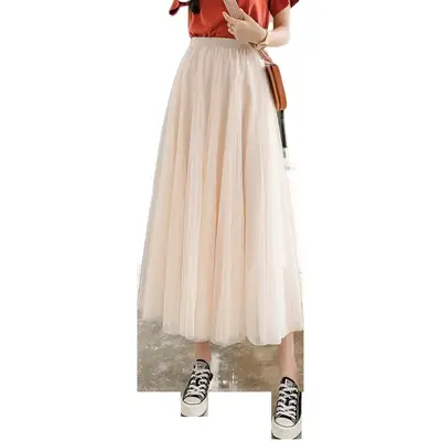 Blue Mesh A-Line Skirt for Women Mid-Length Swing Dress