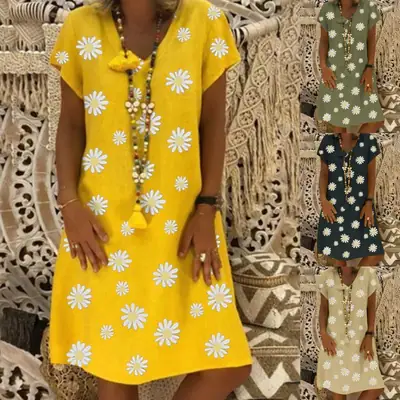 Yellow Daisy Print V Collar Dress for Women