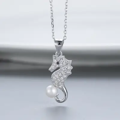 S925 Silver Seahorse Pendant with Pearl Necklace