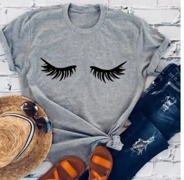 Gray T-Shirt with Eyelashes Print for Women