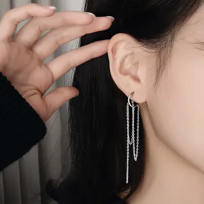 Ancient Cat Nging Chain Tassel Earrings Women's Silver
