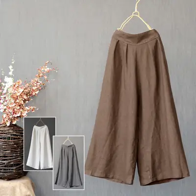 Women Cotton Linen Wide Leg Pants Brown High Waist