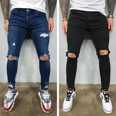 Men Ripped Elastic Leg Jeans Summer Casual Wear